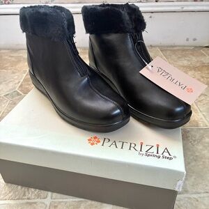 Patrizia by Spring Step black faux fur ankle boots.